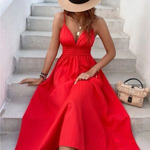 SHEIN VCAY Plunging Neck Shirred Backless Cami Dress Size Medium